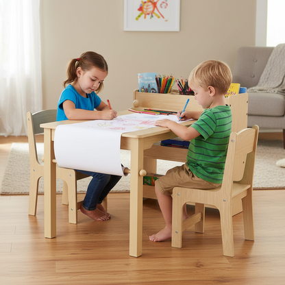 Two children sitting at a wooden table with art supplies, drawing on paper.