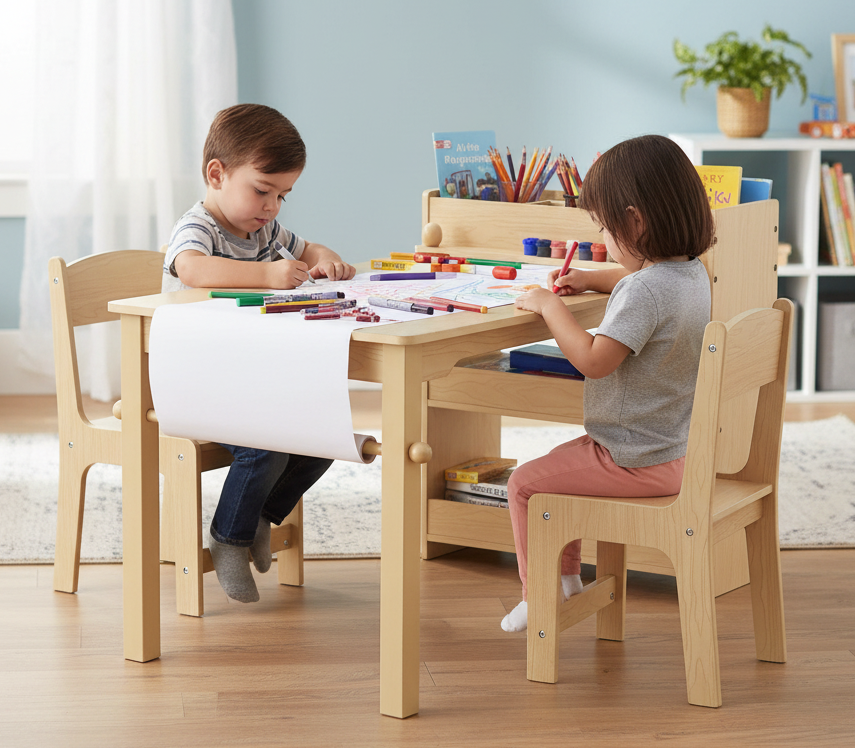 Two children sitting at a wooden table with art supplies in a room with a bookshelf and plant.