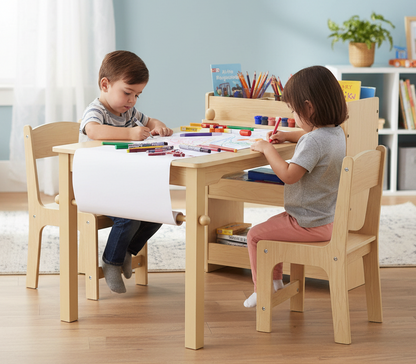 Two children sitting at a wooden table with art supplies in a room with a bookshelf and plant.