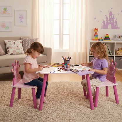 Two children sitting at a pink table and chairs set in a room with a castle wall decoration.