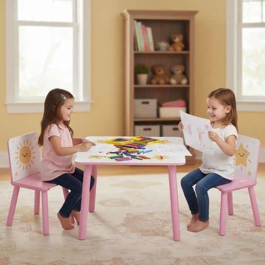 Two children sitting at a pink table with chairs, engaged in an activity.