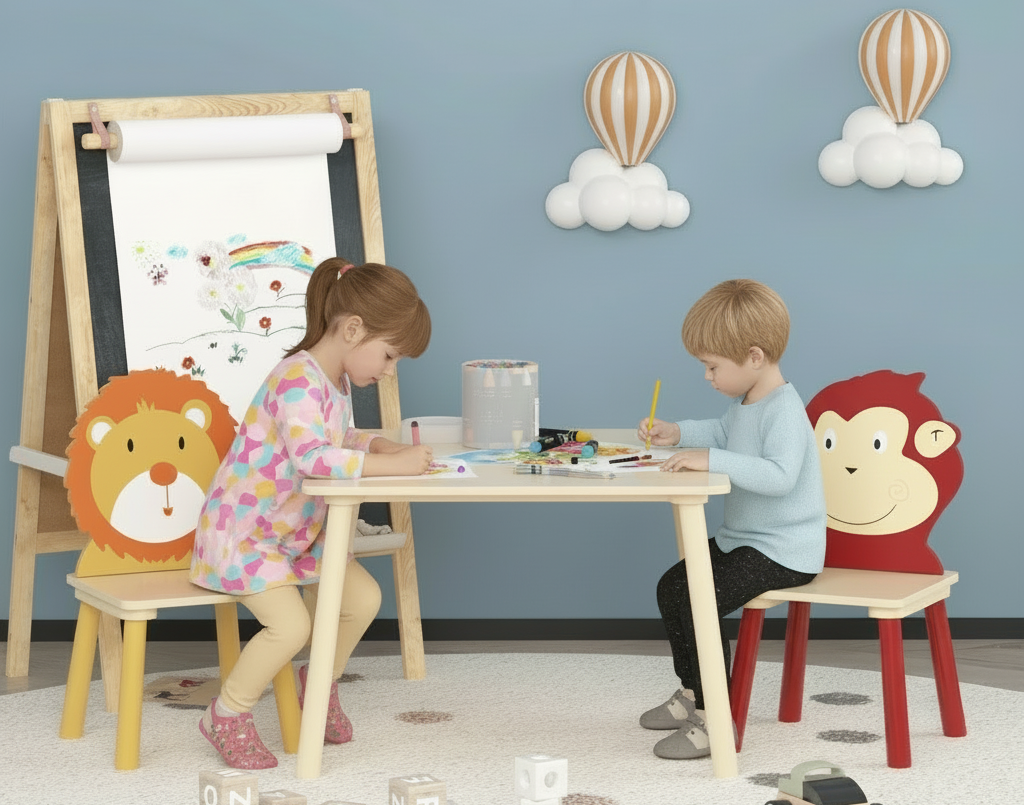 Two children sitting at a table in a playroom with colorful chairs and toys.