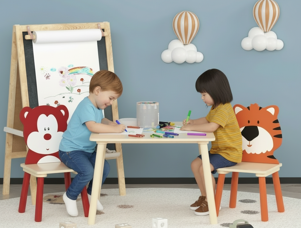 Two children sitting at a table with colorful chairs in a room with a blue wall and decorative balloons.