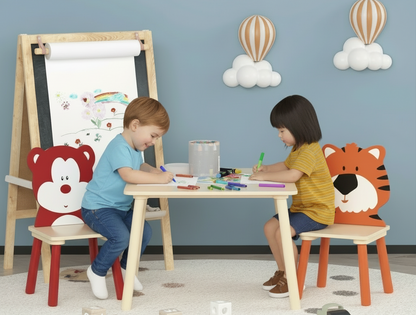 Two children sitting at a table with colorful chairs in a room with a blue wall and decorative balloons.