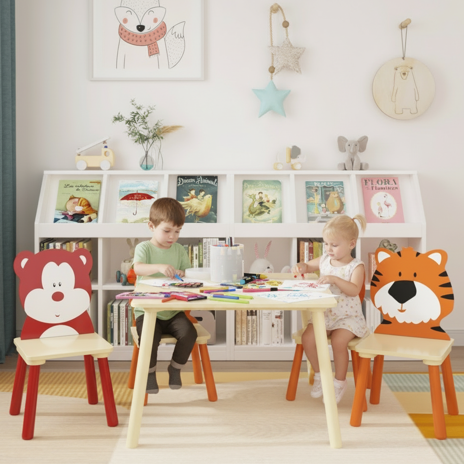 Children sitting at a table with animal-themed chairs in a room with books and decorations.