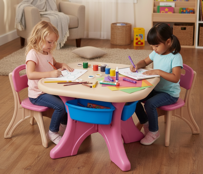 Two children sitting at a colorful kids' table with art supplies in a room.