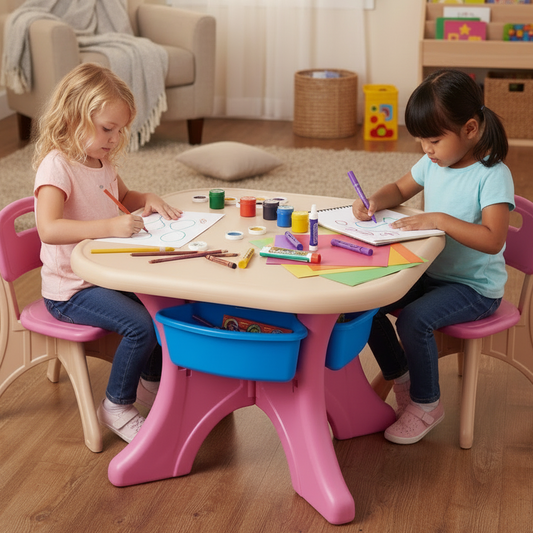 Pink Little Play World StudioPlay™ kids activity table and chair set with storage for art, play, and learning.