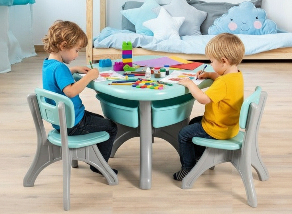 Two children playing at a colorful table with chairs in a room.