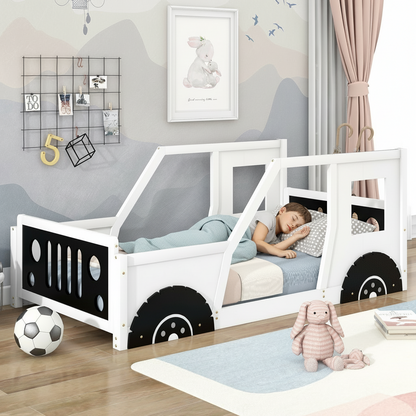 Children's bed designed like a car in a child's room with toys and decor.