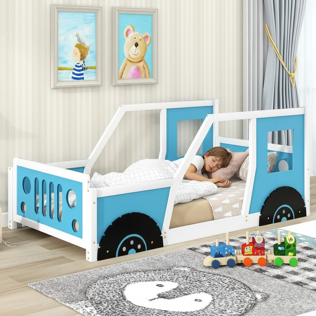 Children's room with a blue and white car-shaped bed, toys, and framed pictures.