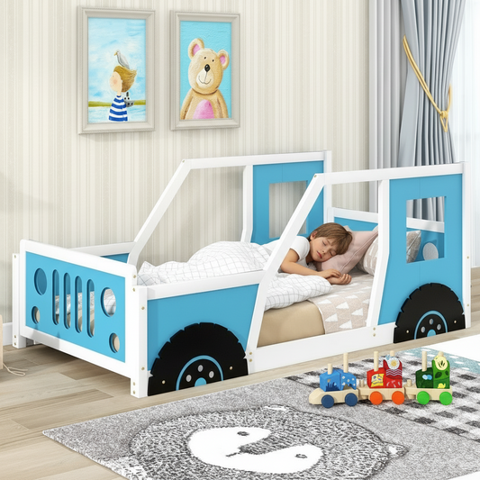 Children's room with a blue and white car-shaped bed, toys, and framed pictures.