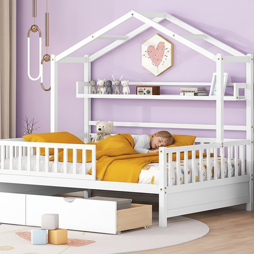 DreamNest™ full-size kids house bed with storage and shelf, featuring playful house and princess themes for toddlers by Little Play World.