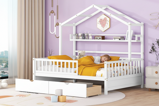 DreamNest full-size kids house bed by Little Play World featuring storage, shelf, and playful house, princess, car, or toddler bed design.