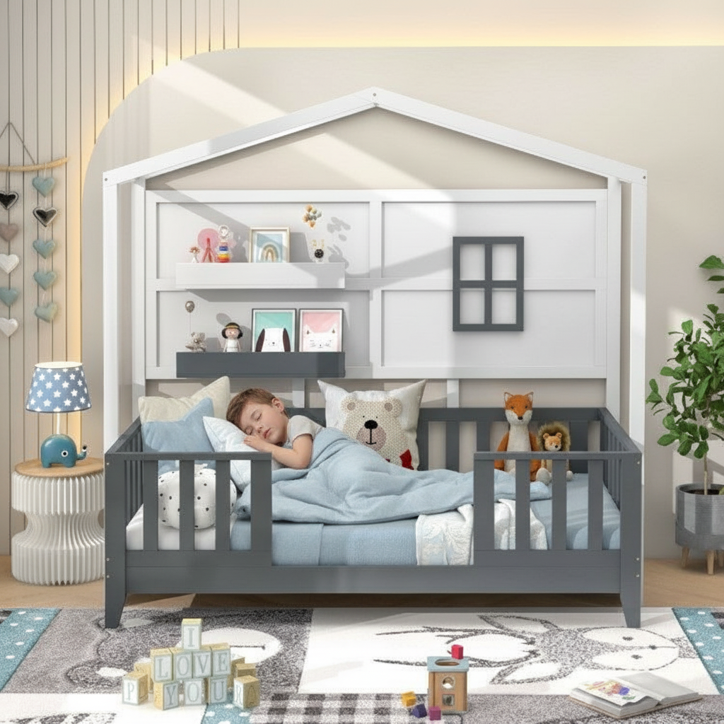 Child sleeping in a house-shaped crib with toys and decor in a bedroom.