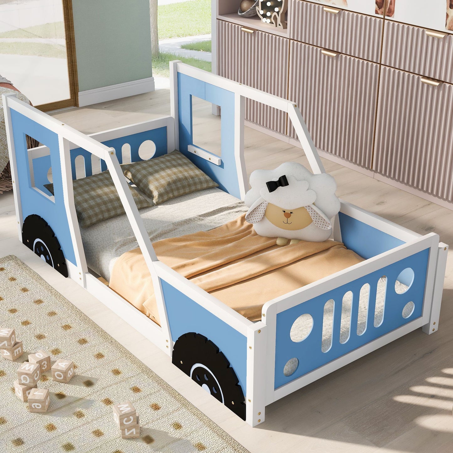 RetroRacer™ twin size classic car bed frame with racing wheels, designed for kids as a fun playhouse or princess-themed toddler bed.