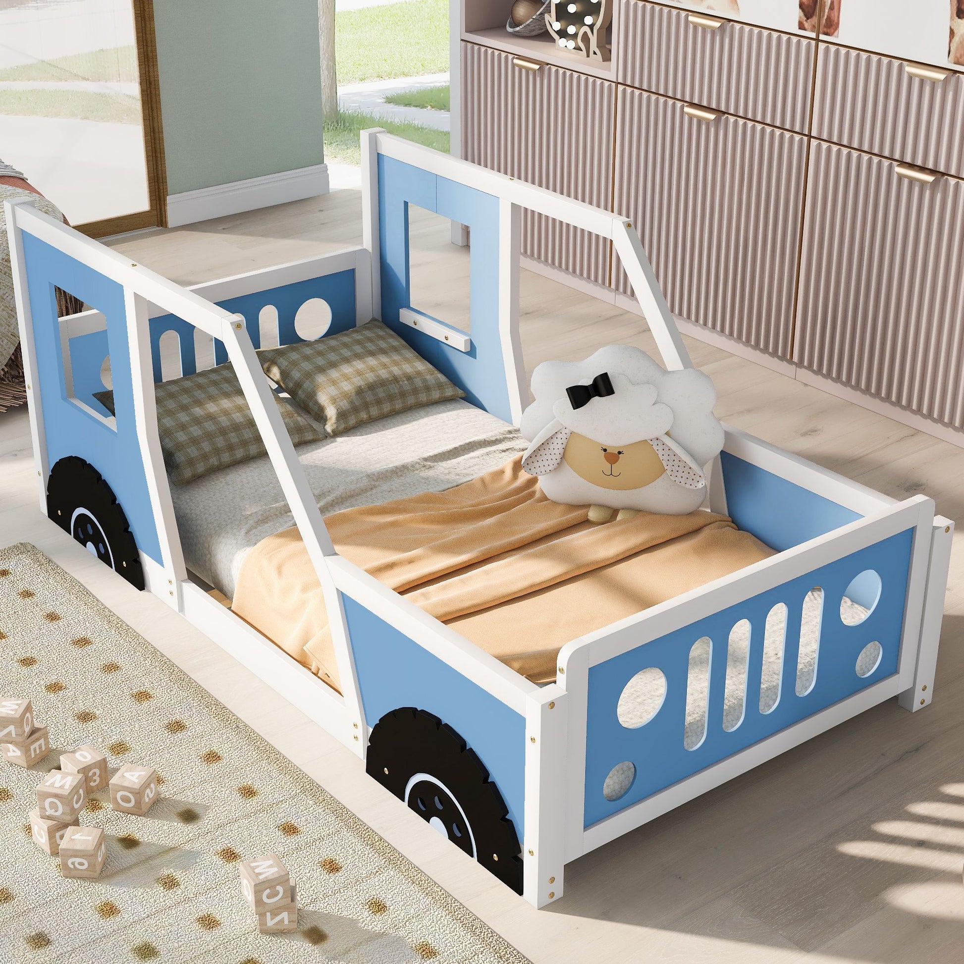 RetroRacer™ twin size classic car bed frame with racing wheels, designed for kids as a fun playhouse or princess-themed toddler bed.