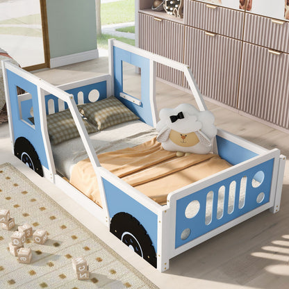 RetroRacer™ twin size classic car bed frame with racing wheels, designed for kids as a fun playhouse or princess-themed toddler bed.