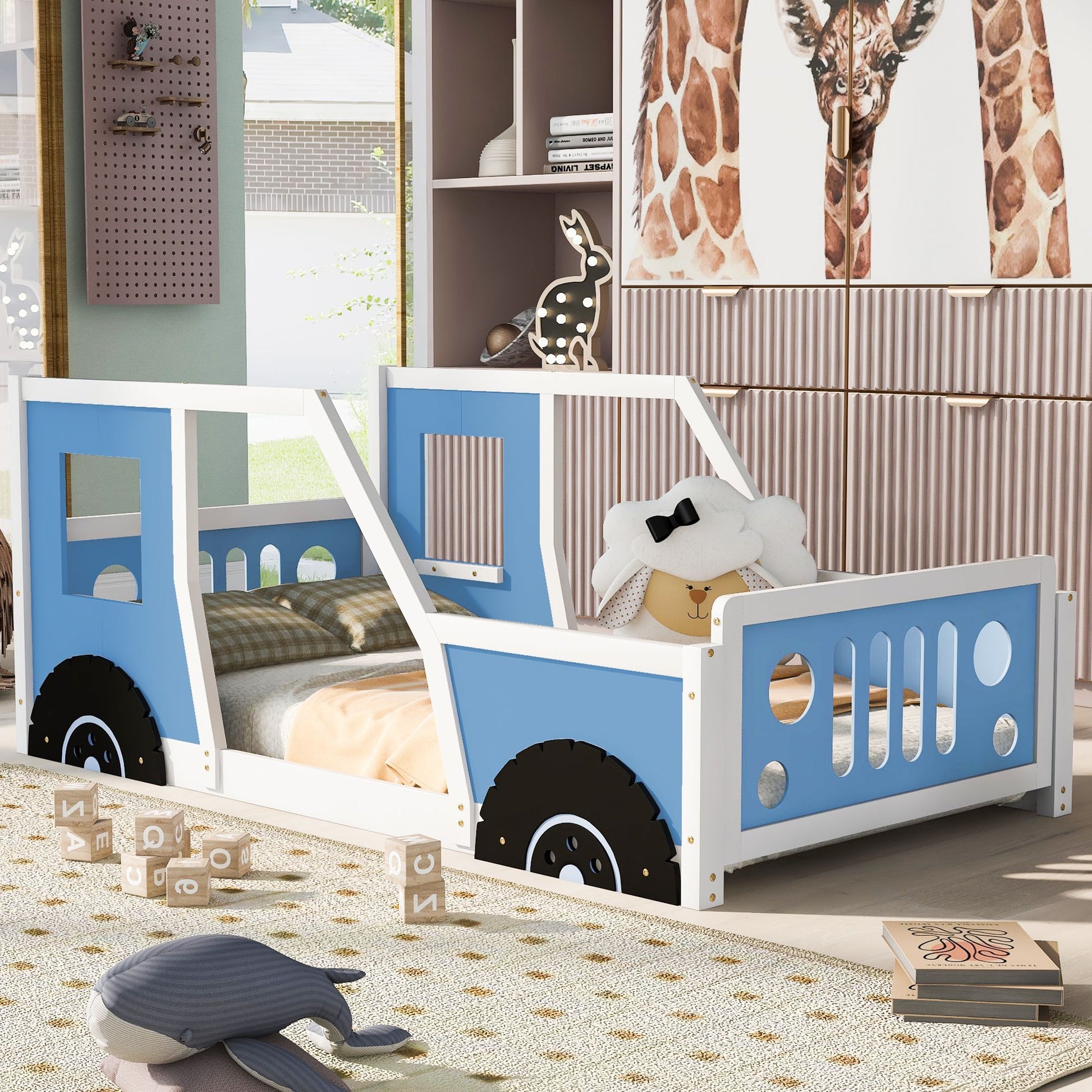 Twin size RetroRacer™ classic car bed frame with racing wheels, vintage car shape, perfect for kids' playhouse or princess-themed bedroom.