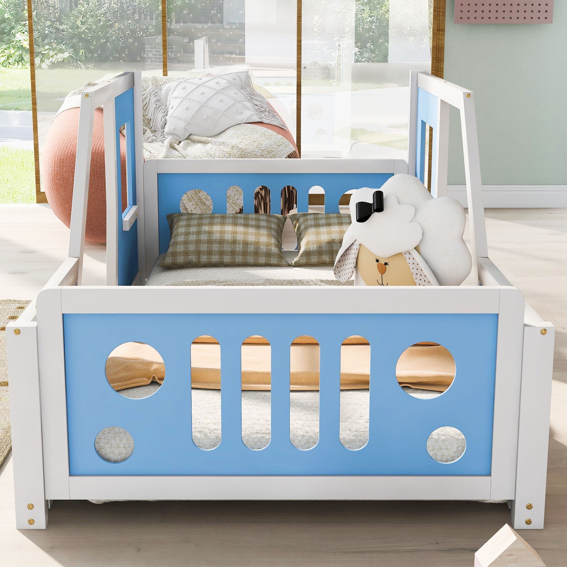 RetroRacer™ twin size classic car bed frame with racing wheels, perfect for kids' bedroom, vintage car shape with sporty design.