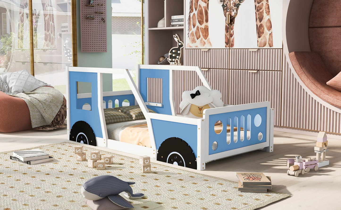 Twin size RetroRacer™ classic car bed frame with racing wheels, suitable for kids' house, princess, toddler, and playhouse bedrooms.