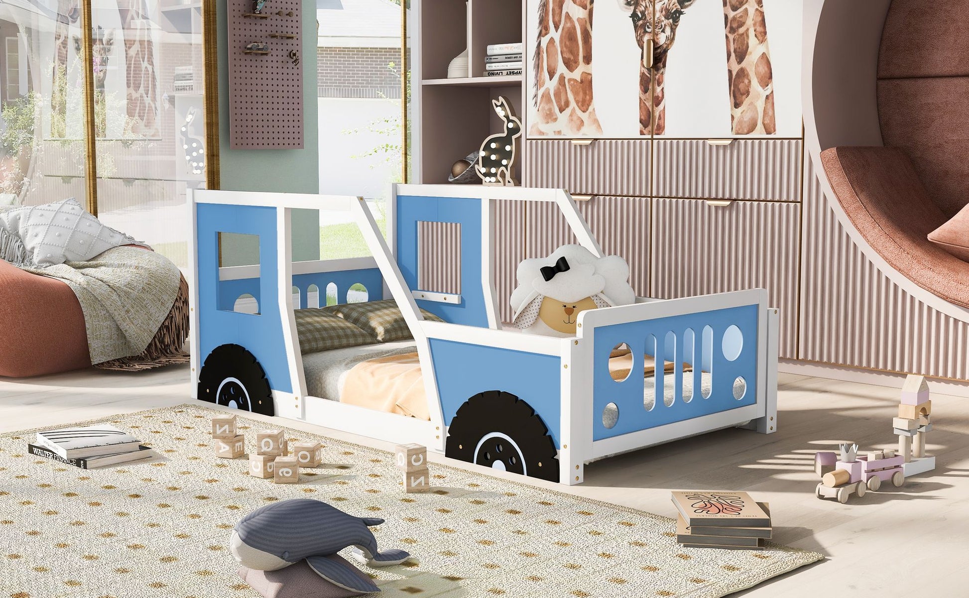 Twin size RetroRacer™ classic car bed frame with racing wheels, suitable for kids' house, princess, toddler, and playhouse bedrooms.