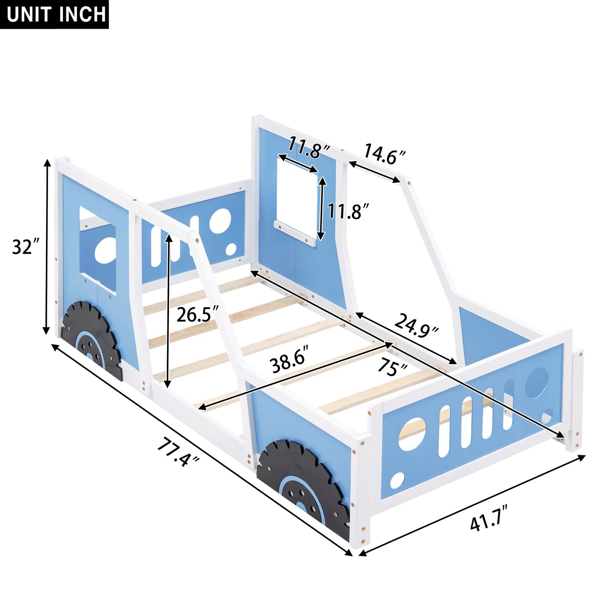 RetroRacer™ twin size classic car bed frame with racing wheels, vintage car shape, perfect for kids' playhouse or princess-themed bedroom.
