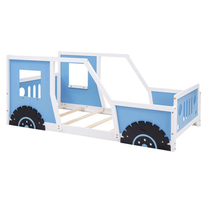 Twin size RetroRacer™ classic car bed frame with racing wheels, featuring vintage car design for kids' bedroom or playhouse.