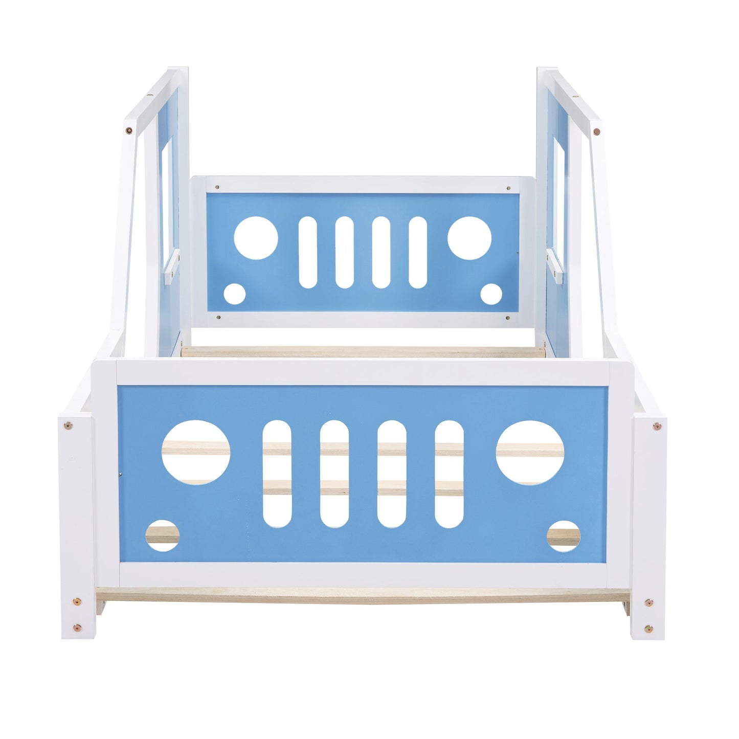 Twin size RetroRacer™ classic car bed frame with racing wheels, vintage car shape, suitable for kids' playhouse or princess-themed bedroom.