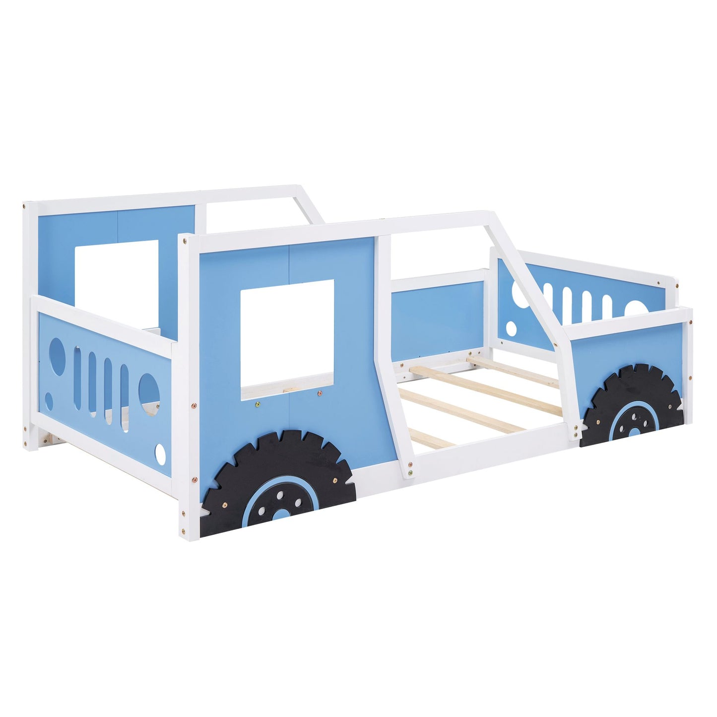 RetroRacer™ twin size classic car bed frame with racing wheels, vintage car shape, perfect for kids' playhouse or princess-themed bedroom.