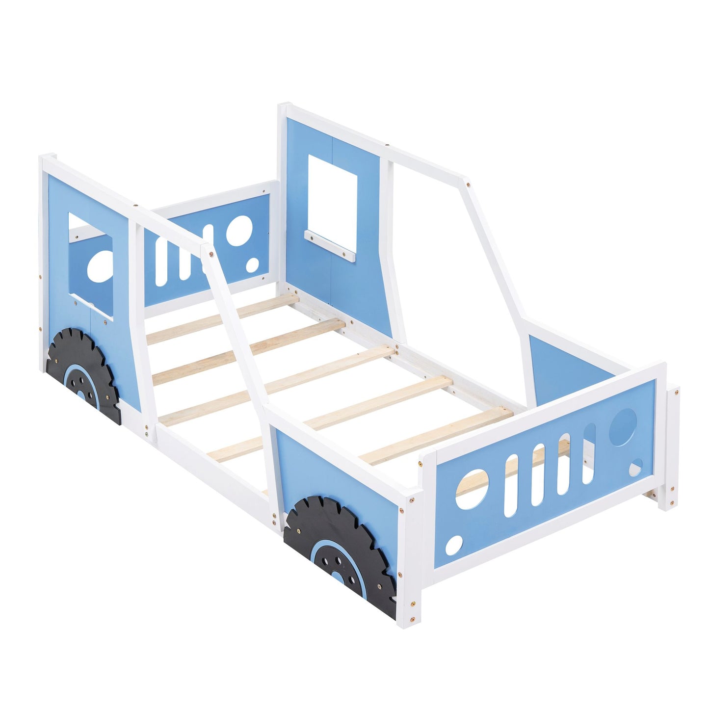 RetroRacer™ twin size classic car bed frame with vintage car shape and racing wheels, perfect for kids' playhouse or princess-themed bedroom.