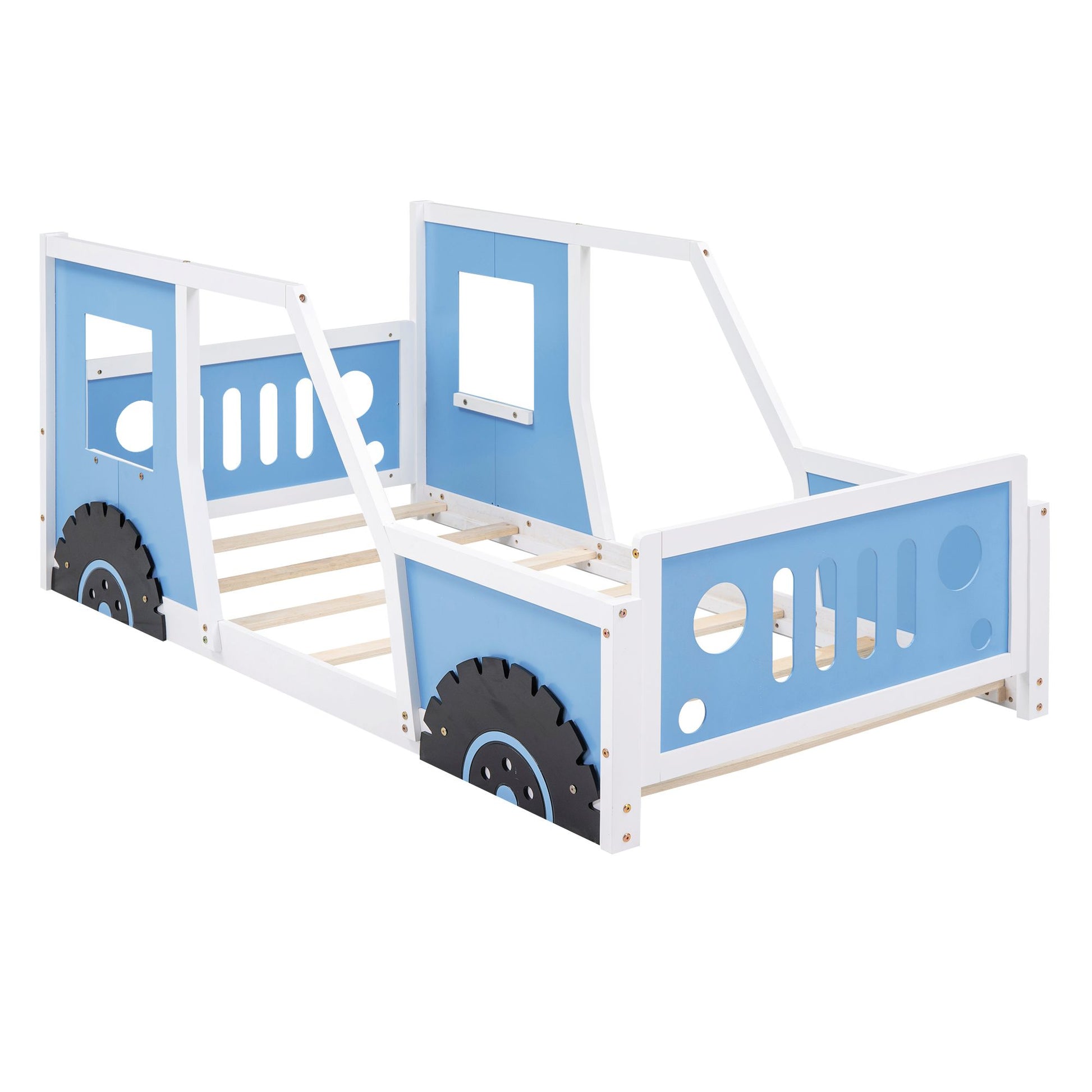 Twin size RetroRacer™ classic car bed frame with racing wheels, vintage car shape, and playful design for kids' bedroom or playhouse.