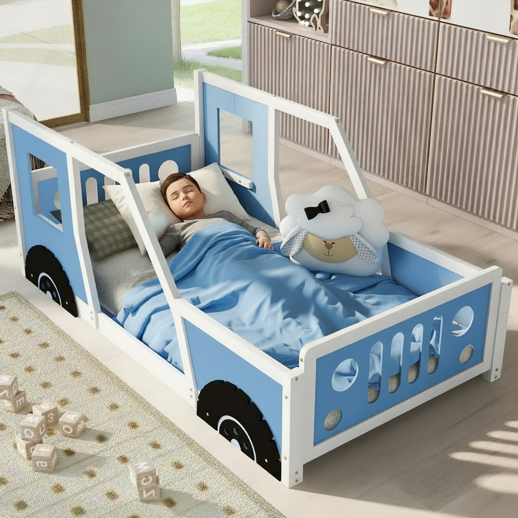 RetroRacer™ twin size classic car bed frame with racing wheels from Little Play World, featuring vintage car design perfect for kids.