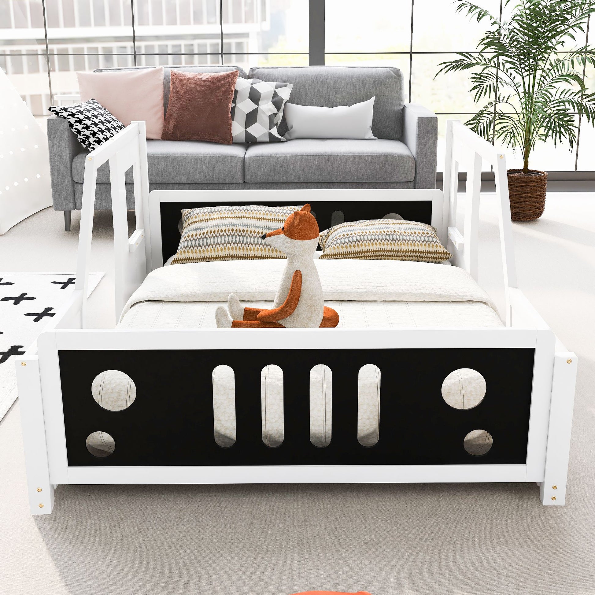 Little Play World RoadsterDream full-size classic car bed with decorative wheels, perfect for kids' themed bedroom and playhouse decor.