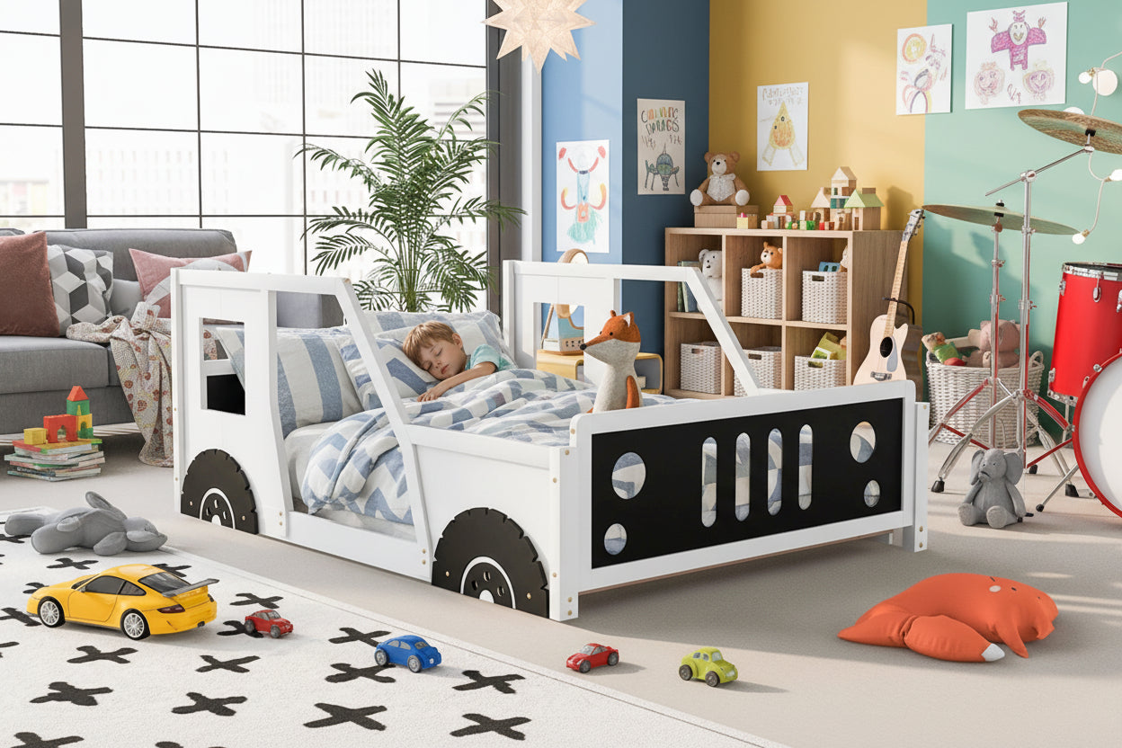Little Play World RoadsterDream full-size classic car bed with decorative wheels, perfect for kids' playhouse and toddler bedroom decor.