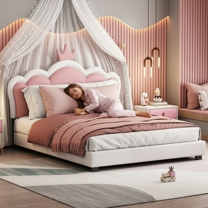 Child lying on a pink and white bed in a stylish bedroom with decorative elements.