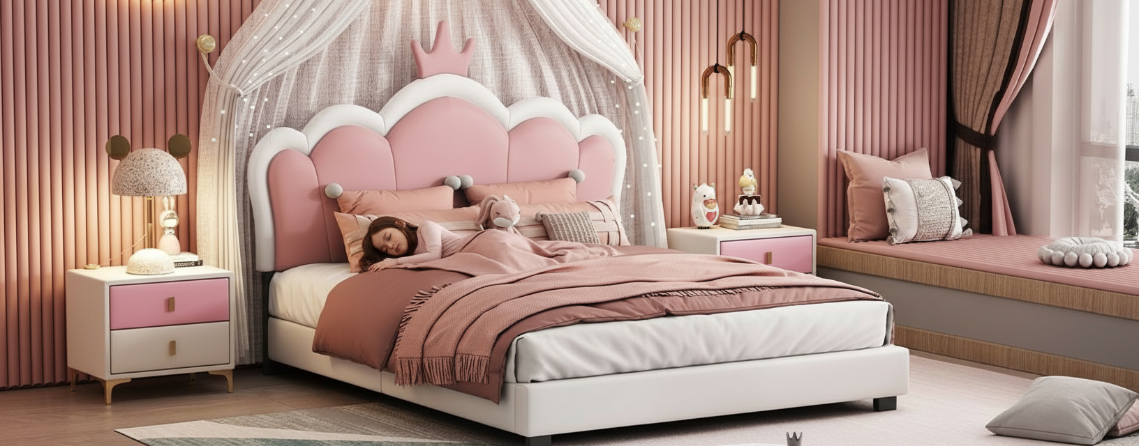 Pink bedroom with a bed, nightstands, and canopy