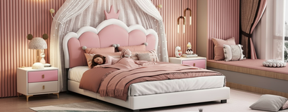 Pink bedroom with a bed, nightstands, and canopy
