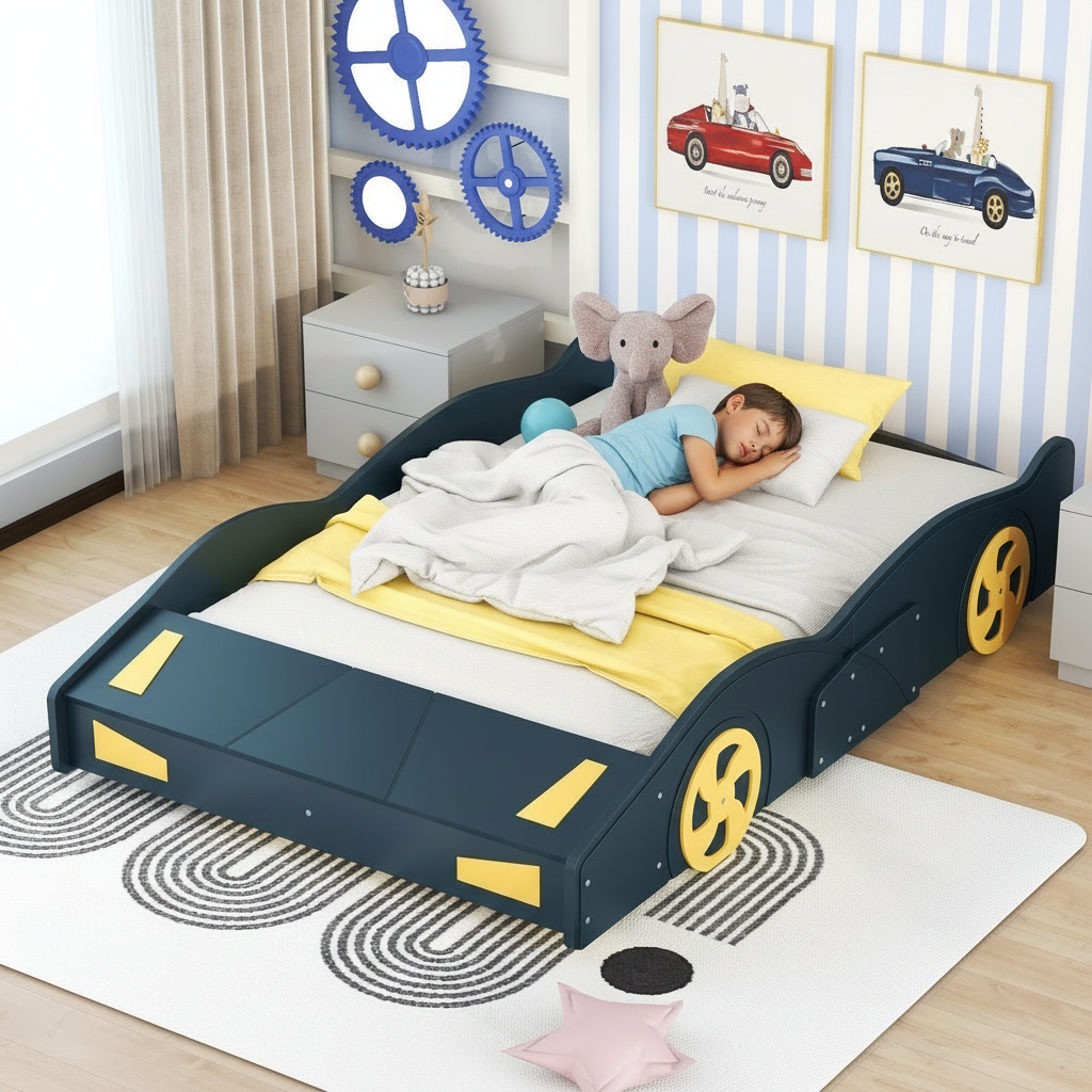 Child sleeping in a car-themed bed with toys and decor in a bedroom.