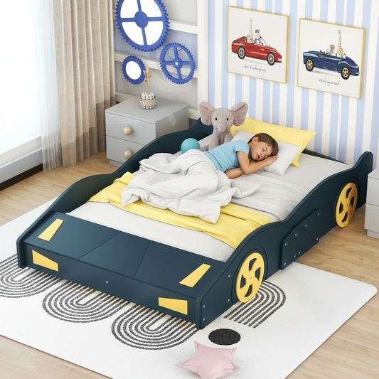 Child sleeping in a car-themed bed with toys and decor in a bedroom.