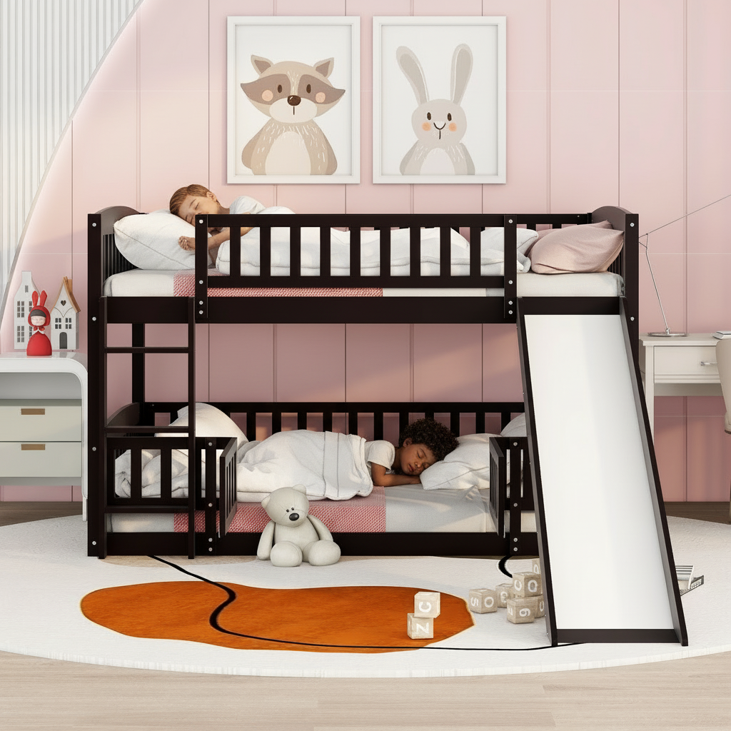 Children's bedroom with a black bunk bed, teddy bear, and toys on a pink wall.