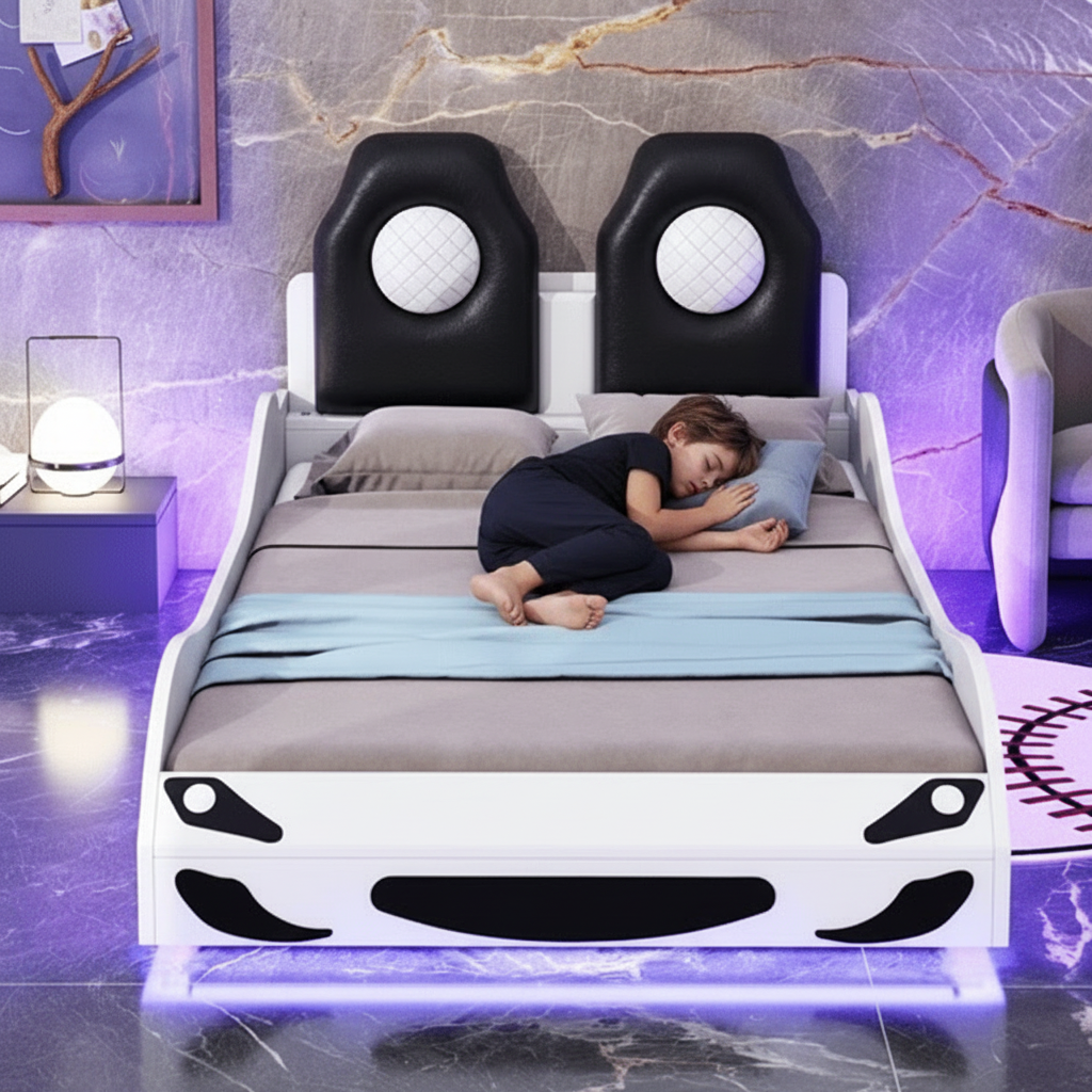 Child sleeping on a bed designed like a car in a room with purple walls.