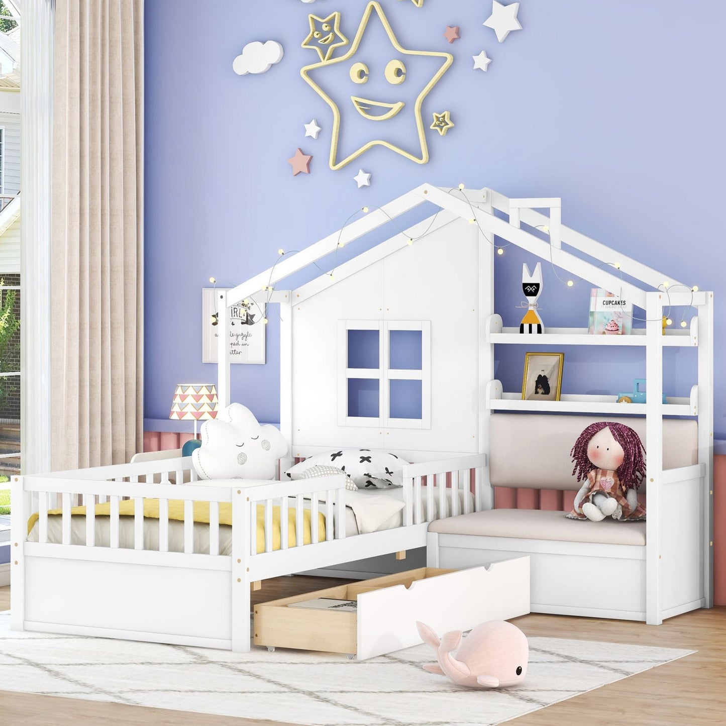 LittleLodge™ Twin House Bed for kids featuring a playful house design, with storage drawers and a cozy toddler playhouse look.