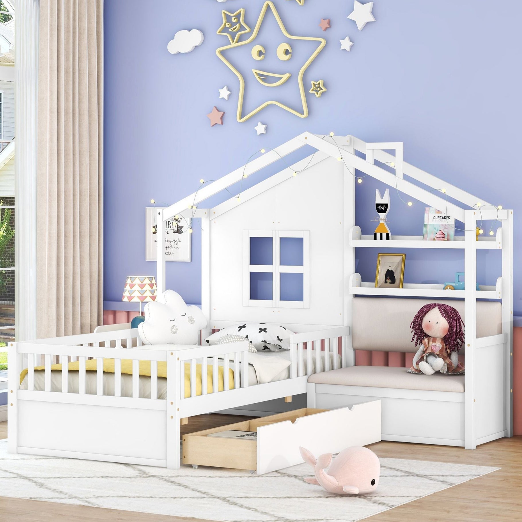 LittleLodge™ Twin House Bed for kids featuring a playful house design, with storage drawers and a cozy toddler playhouse look.