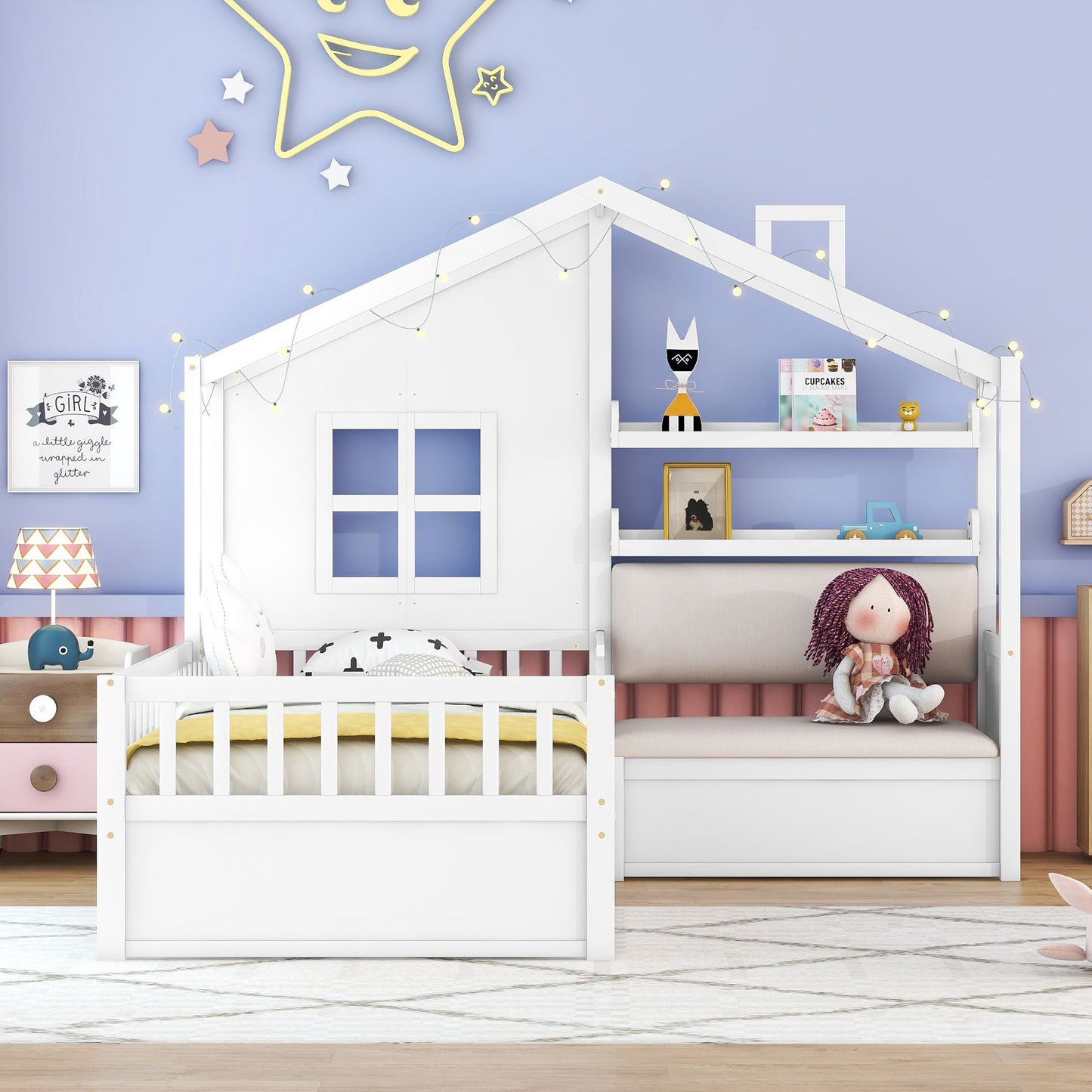 LittleLodge™ Twin House Bed by Little Play World, kids house bed with sofa, drawers, and storage shelf in white, perfect for toddlers.