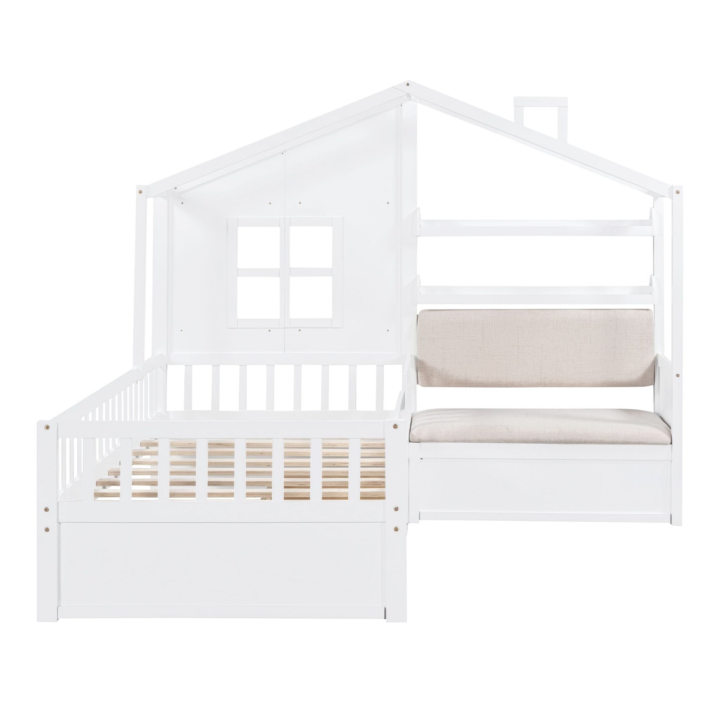 LittlePlay World Twin House Bed for kids, featuring a playful house design, built-in sofa, storage drawers, and a white finish.