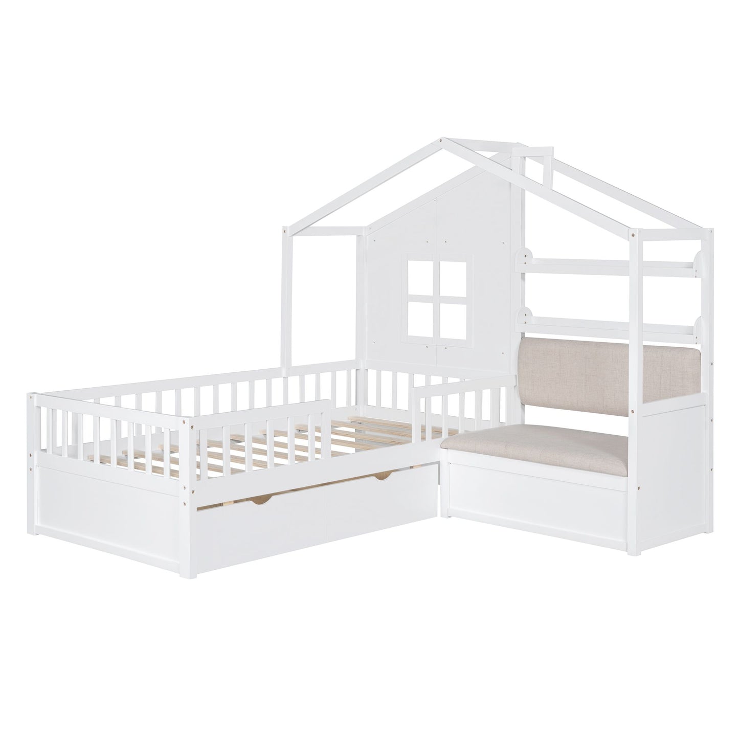 LittleLodge™ Twin House Bed by Little Play World, kids' Montessori house bed with sofa, drawers, and storage shelf in white.