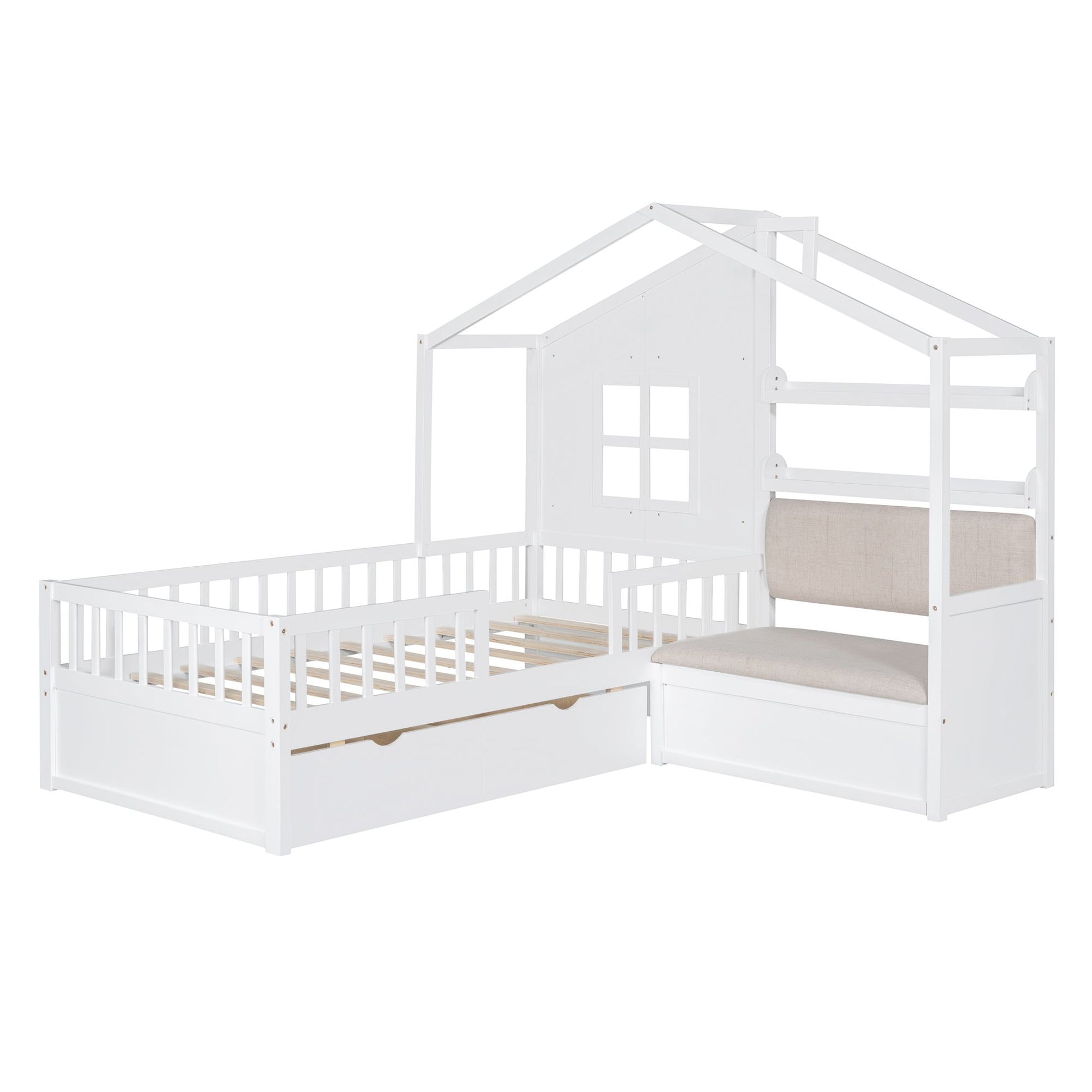 LittleLodge™ Twin House Bed by Little Play World, kids' Montessori house bed with sofa, drawers, and storage shelf in white.