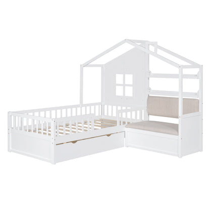 LittleLodge™ Twin House Bed by Little Play World, kids' Montessori house bed with sofa, drawers, and storage shelf in white.