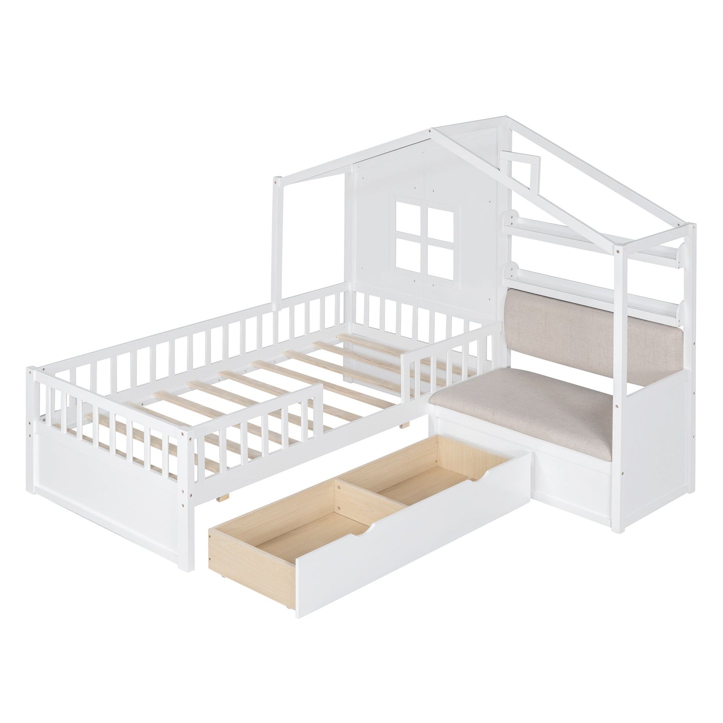 LittlePlay World Twin House Bed for kids, featuring a playful house design, built-in sofa, drawers, and storage shelf in white.