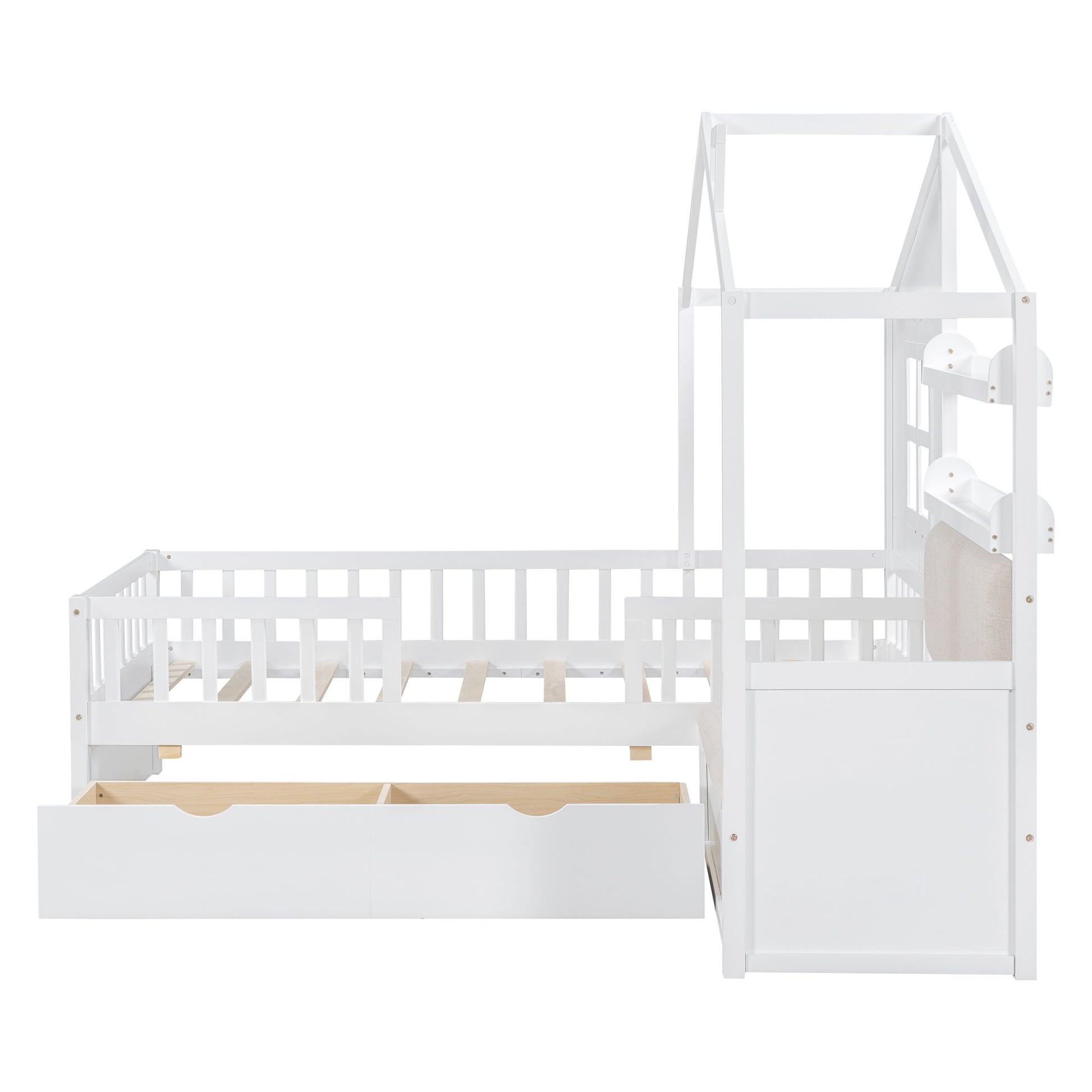 LittleLodge™ Twin House Bed by Little Play World, white kids' Montessori house bed with sofa, drawers, and storage shelf.
